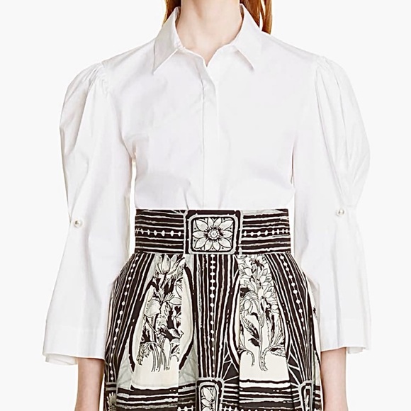 Lela Rose Button-Down Poplin Blouse Top with Pearl Brooch On Puff Sleeve Size 4 - Picture 4 of 16